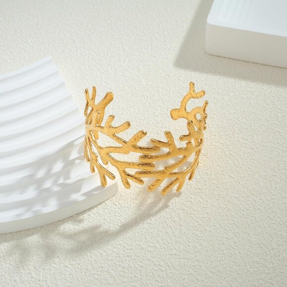 Gold Brass Cuff Bracelet Women Summer Beach Statement Jewelry - Picture 5 of 8